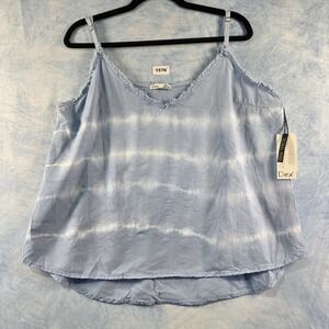Dex Womens Blue Tie Dye Tencel Cami Top Frayed V-Neck Adjustable Straps L NWT